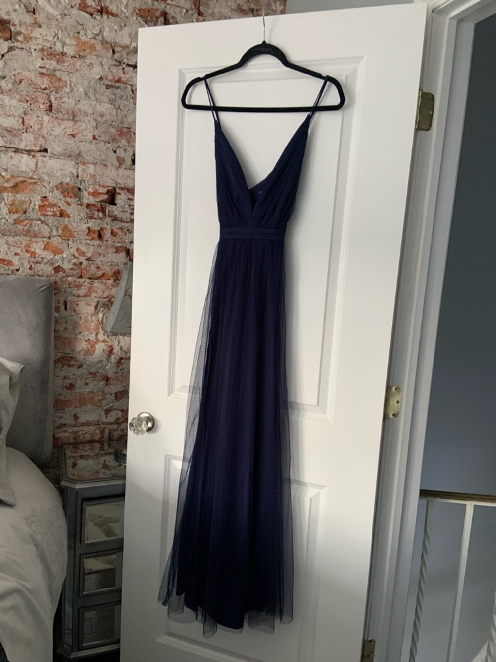 Navy Tulle Maxi Dress with V-Neck